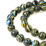 Striped Malachite Beads - 8mm Turquoise, Black, Yellow - Composite Stone Strand