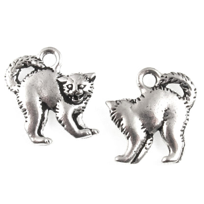 2 Silver Scary Cat Charms, TierraCast Halloween Pendants for DIY Jewelry Making