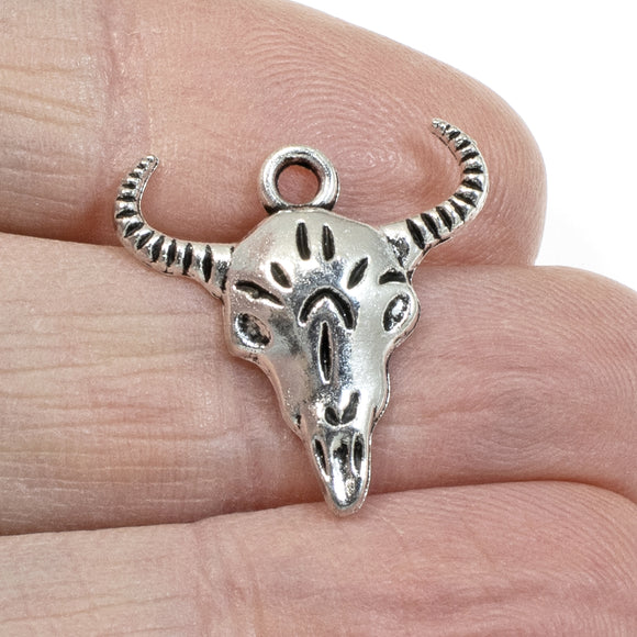 15 Silver Cow Skull Charms, Detailed Western Longhorn Bull Skeleton Pendants
