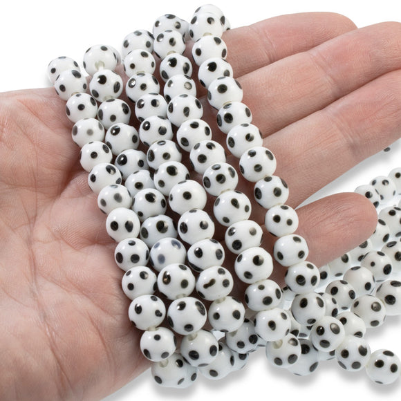White & Black 7mm Dotted Round Glass Beads | Hackberry Creek