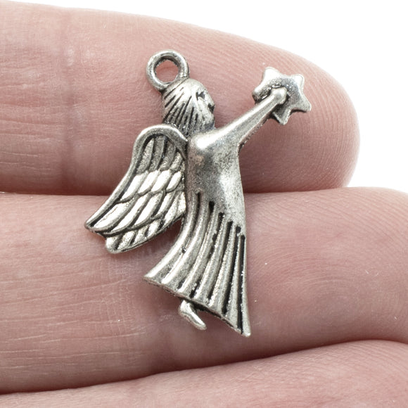 20 Silver Angel with Star Charms, Stamped Metal Christmas Charms for DIY Jewelry