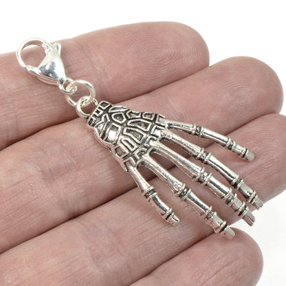 Silver Skeleton Hand Clip on Charm, Creepy Halloween Zipper Pull + Lobster Clasp