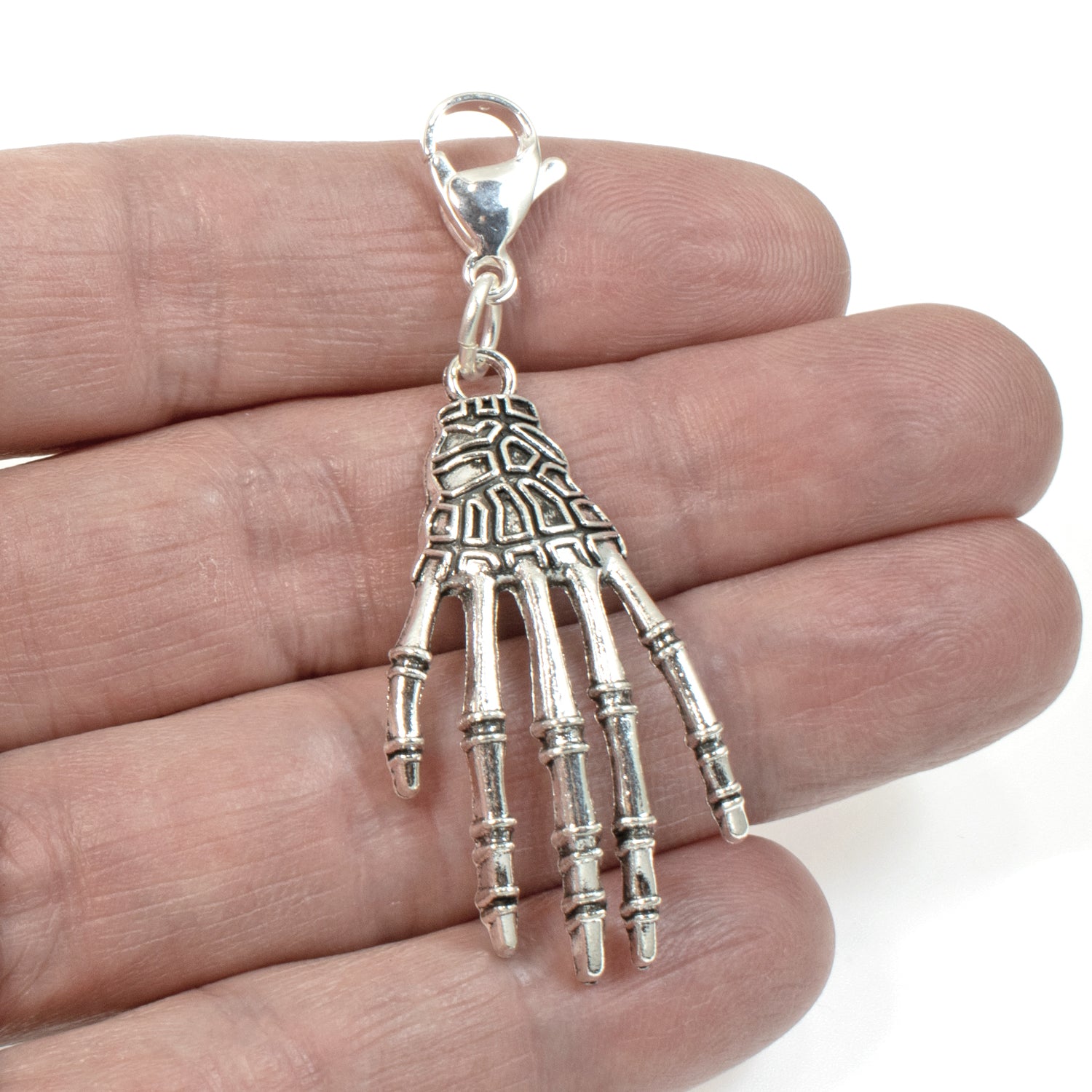 Silver Skeleton Hand Clip on Charm, Creepy Halloween Zipper Pull Lobster Clasp