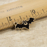 10 Black Enamel Flying Bat Charms, Fall Halloween Metal Pendants