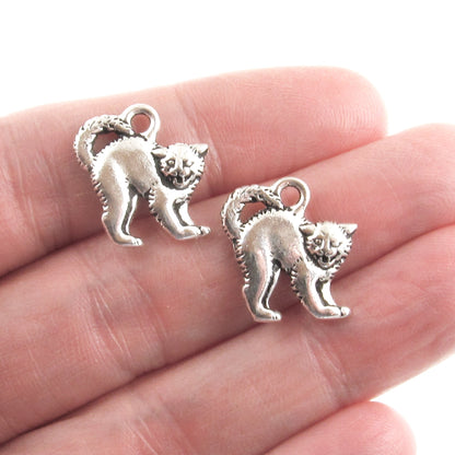 2 Silver Scary Cat Charms, TierraCast Halloween Pendants for DIY Jewelry Making