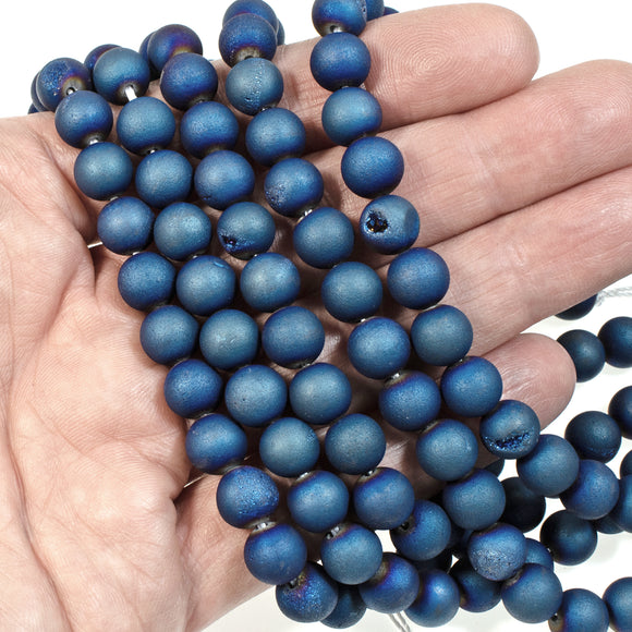 Blue Peacock Druzy Agate Beads, 8mm Round Geode Gemstone (48 Pieces)