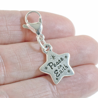 Silver Peace on Earth Clip-On Charm, Christmas Star Purse, Journal Charm