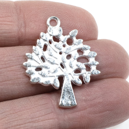 10 Bright Silver Tree of Life Pendants, Metal Nature Charms for Jewelry Making