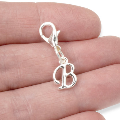 Silver Letter "B" Clip On Charm, Cursive Script Initial Dangle + Lobster Clasp