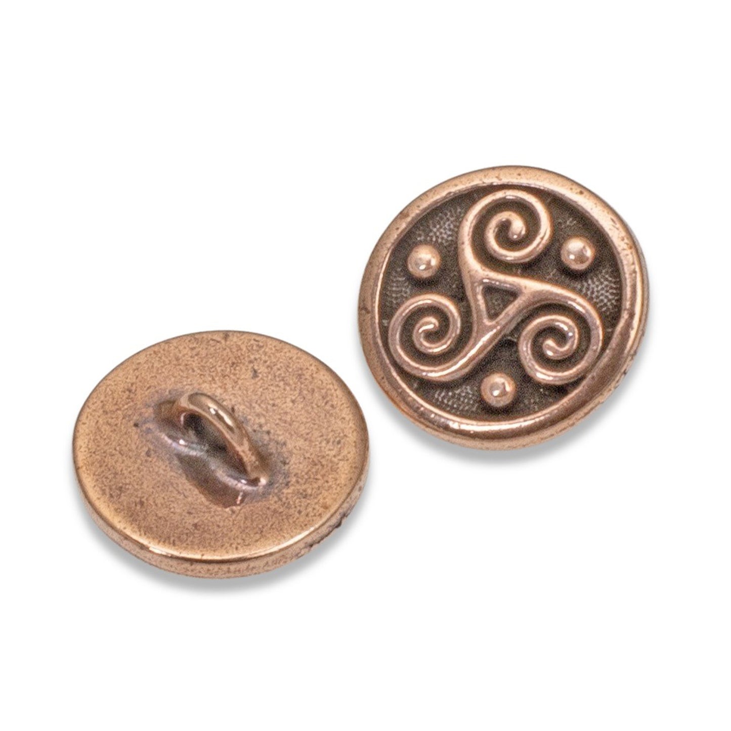 2 Copper Celtic Buttons - Triskele Triple Spiral - Shank Back - Leather Clasp