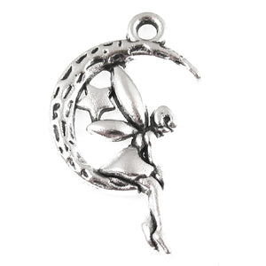 Fairy Sitting in Moon Charms, Antique Silver Metal Pendants (20 Pieces)