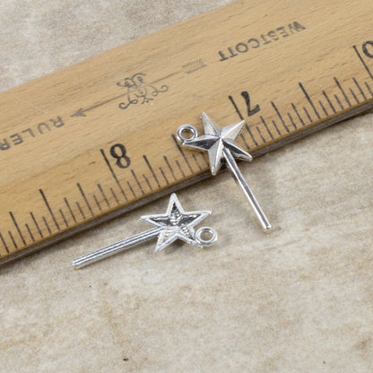 20 Silver Magic Wand Charms, Star-Topped Wand for Magical Fairytale Jewelry