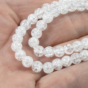 6mm Clear Snowy White Round Glass Crackle Beads, 68pcs/15" Strand