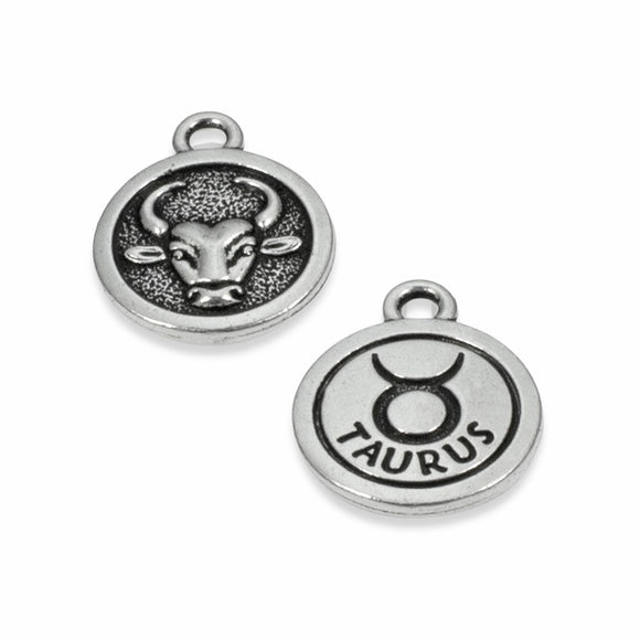 2 Silver Taurus Charms, TierraCast Double-Sided Zodiac Charms for Handmade Jewelry, Crafts, Keychains