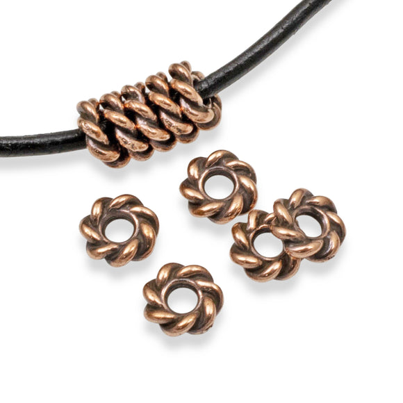 10 Copper 8mm Twist Spacer Beads, TierraCast, 2mm Holes for Leather Cord