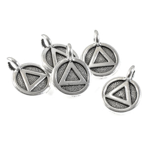 5 Silver Triangle Recovery Charms, Round Sobriety AA Symbol For Leather Cord