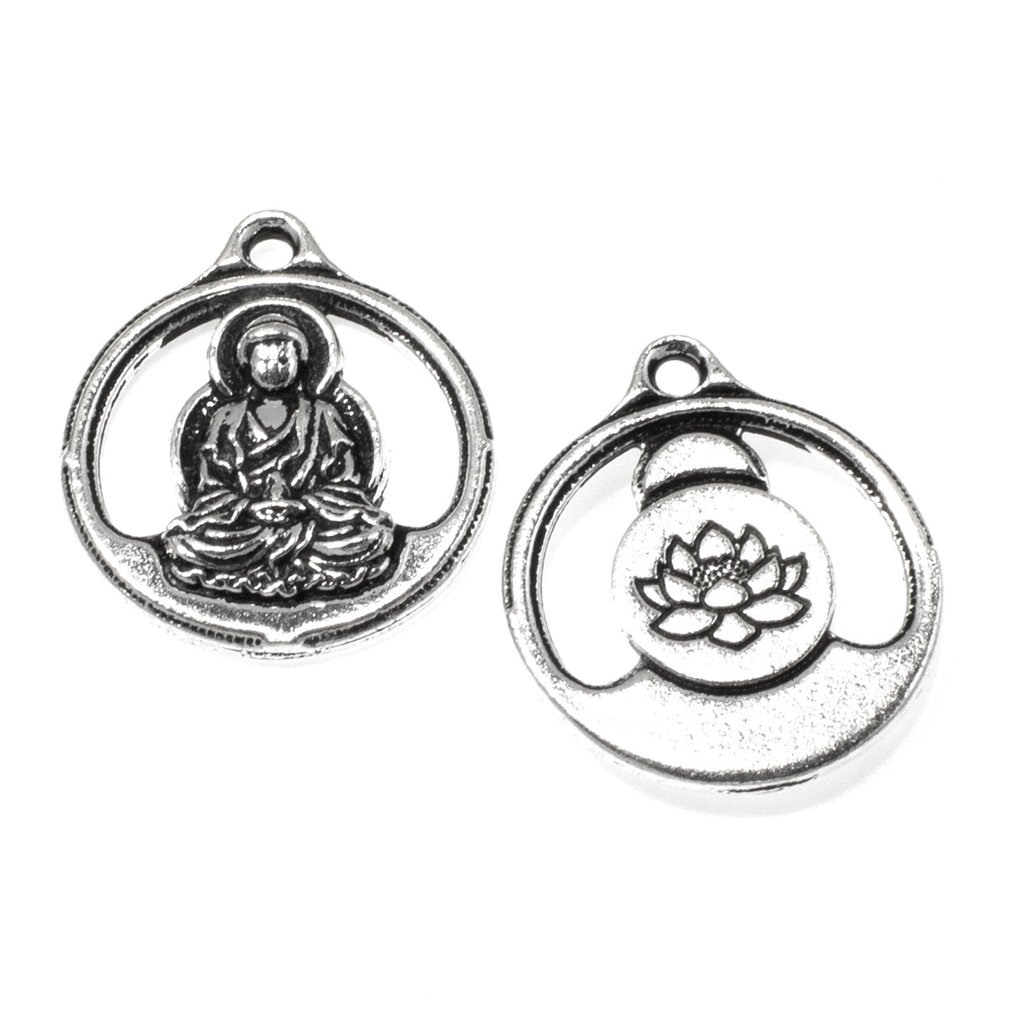 2 Silver Buddha Pendants - TierraCast Lotus Meditation Charm - Spiritual Gift