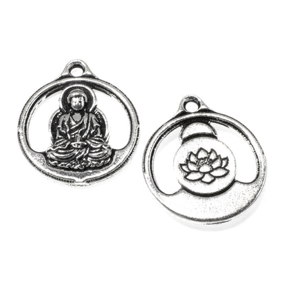 2 Silver Buddha Pendants - TierraCast Lotus Meditation Charm - Spiritual Gift