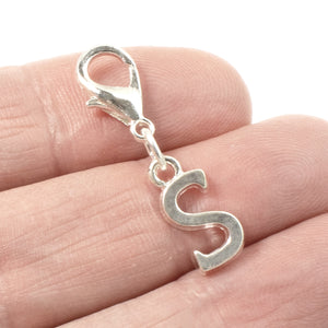 Letter "S" Clip On Charm, Silver Initial Alphabet Dangle with Lobster Clasp