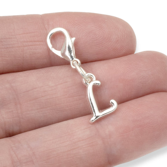 Silver Letter "L" Clip On Charm, Cursive Script Initial Dangle + Lobster Clasp