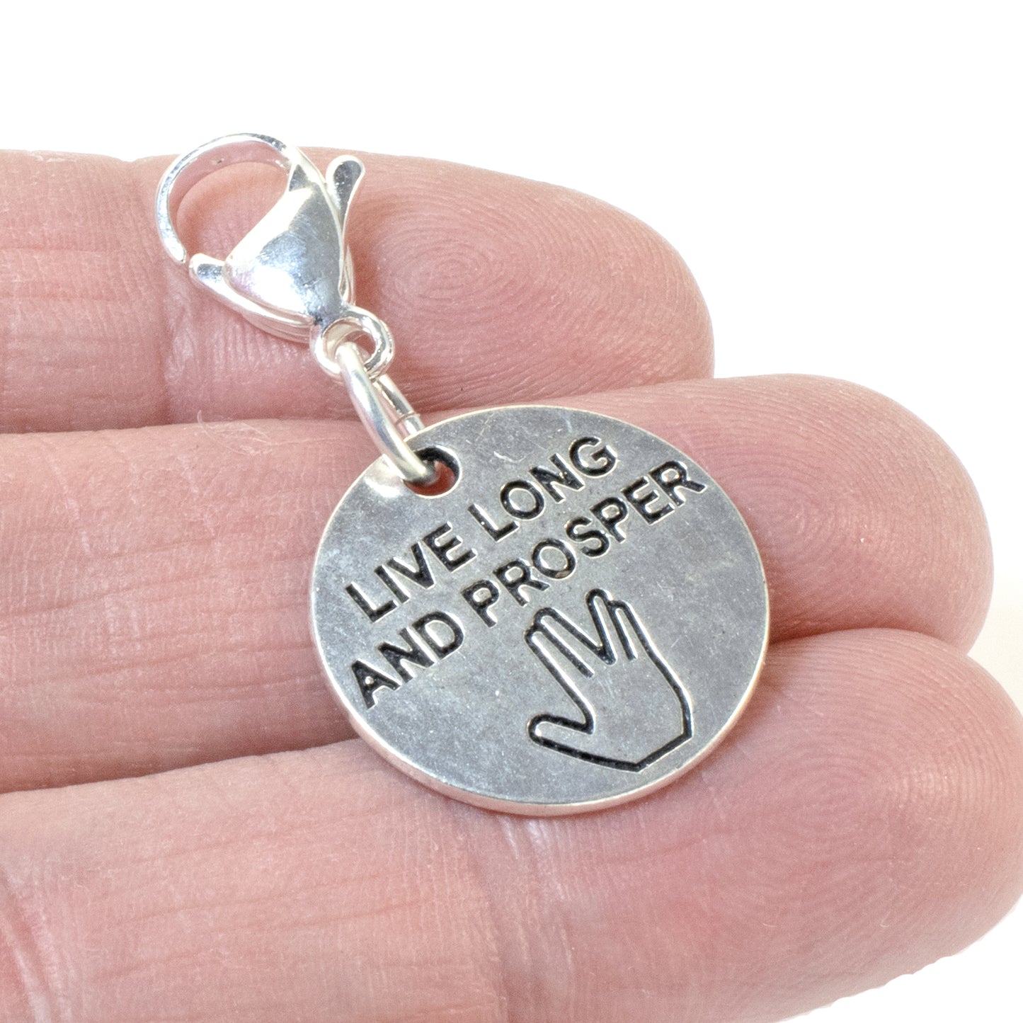 Silver "Live Long and Prosper" Charm - Clip-on Sci-Fi Handbag Accessory with Stainless Steel Clasp - Great for Backpacks & Keychains