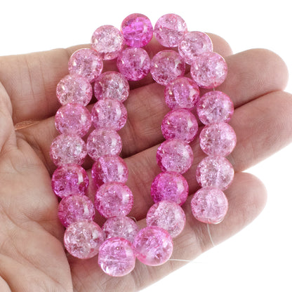 30 Bright Pink Glass Beads - 10mm Round Crackle Beads - Jewelry Making & Crafts