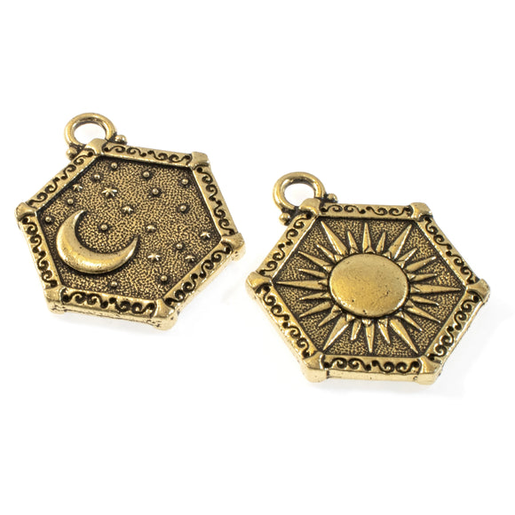 2 Gold Sun & Moon Pendants, TierraCast Celestial Charms for Handmade Necklace