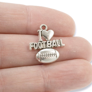 20 Silver I Love Football Charms, Bulk Metal Sports Fan Pendants