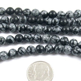 6mm Snowflake Obsidian Round Gemstone Beads, Black, Gray, 15" Strand (64 Pieces)