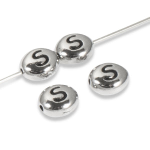 Silver S Alphabet Beads, Oval Letter For Personalized Jewelry 4/Pkg