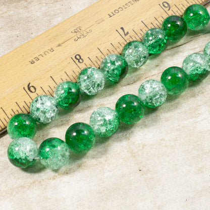 20 Green & Clear Glass Round Beads - 12mm Crackle Glass - Two-Tone Double Color