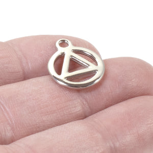 4 Silver Recovery Symbol Charms, AA Triangle in Circle, White Bronze