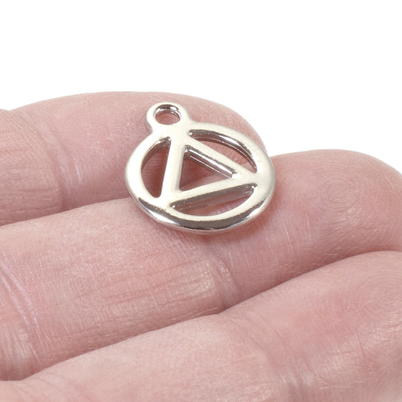 4 Silver Recovery Symbol Charms, AA Triangle in Circle, White Bronze