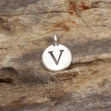 2Pc. Silver "V" Initial Charms, TierraCast Round Small Alphabet Letter