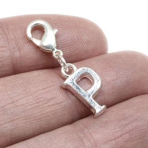 Letter "P" Clip On Charm, Silver Initial Alphabet Dangle with Lobster Clasp