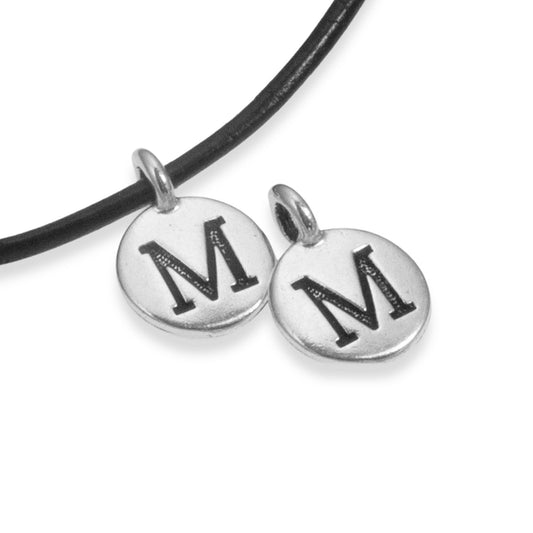 2Pc. Silver "M" Initial Charms, TierraCast Round Small Alphabet Letter