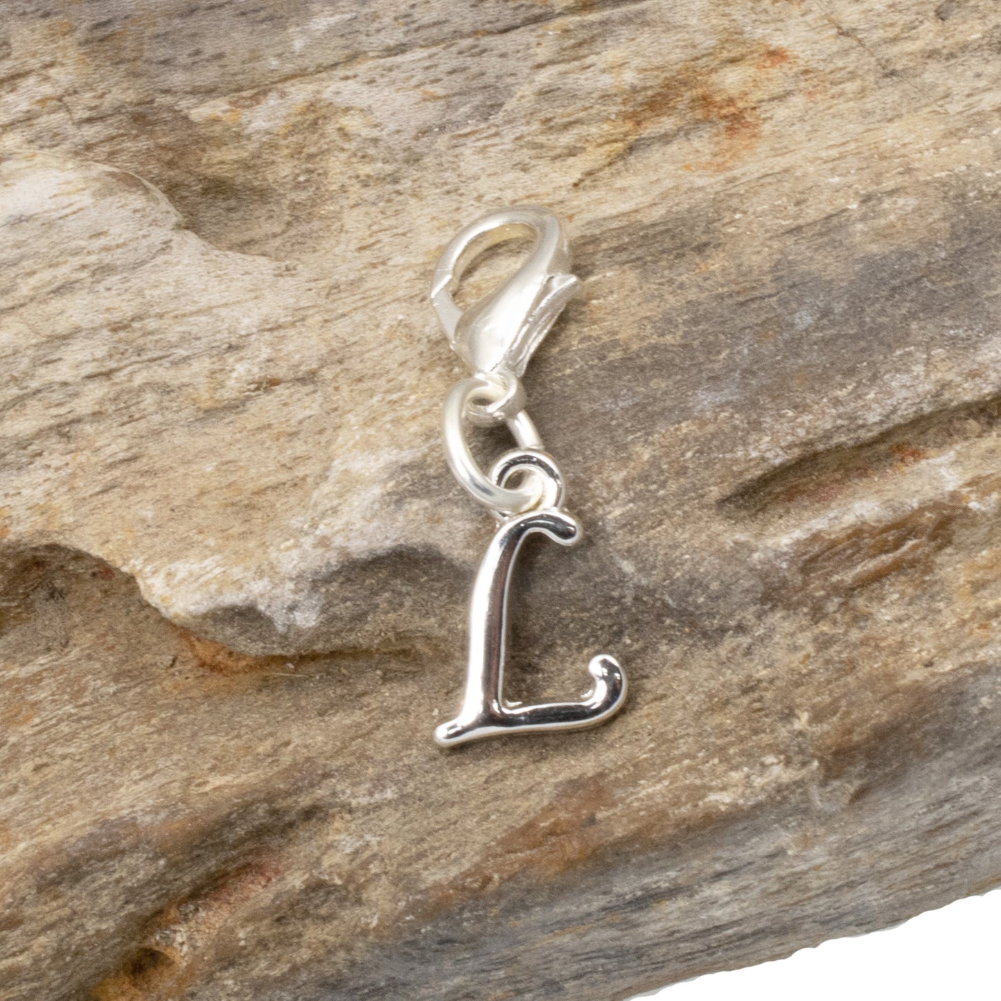 Silver Letter "L" Clip On Charm, Cursive Script Initial Dangle + Lobster Clasp