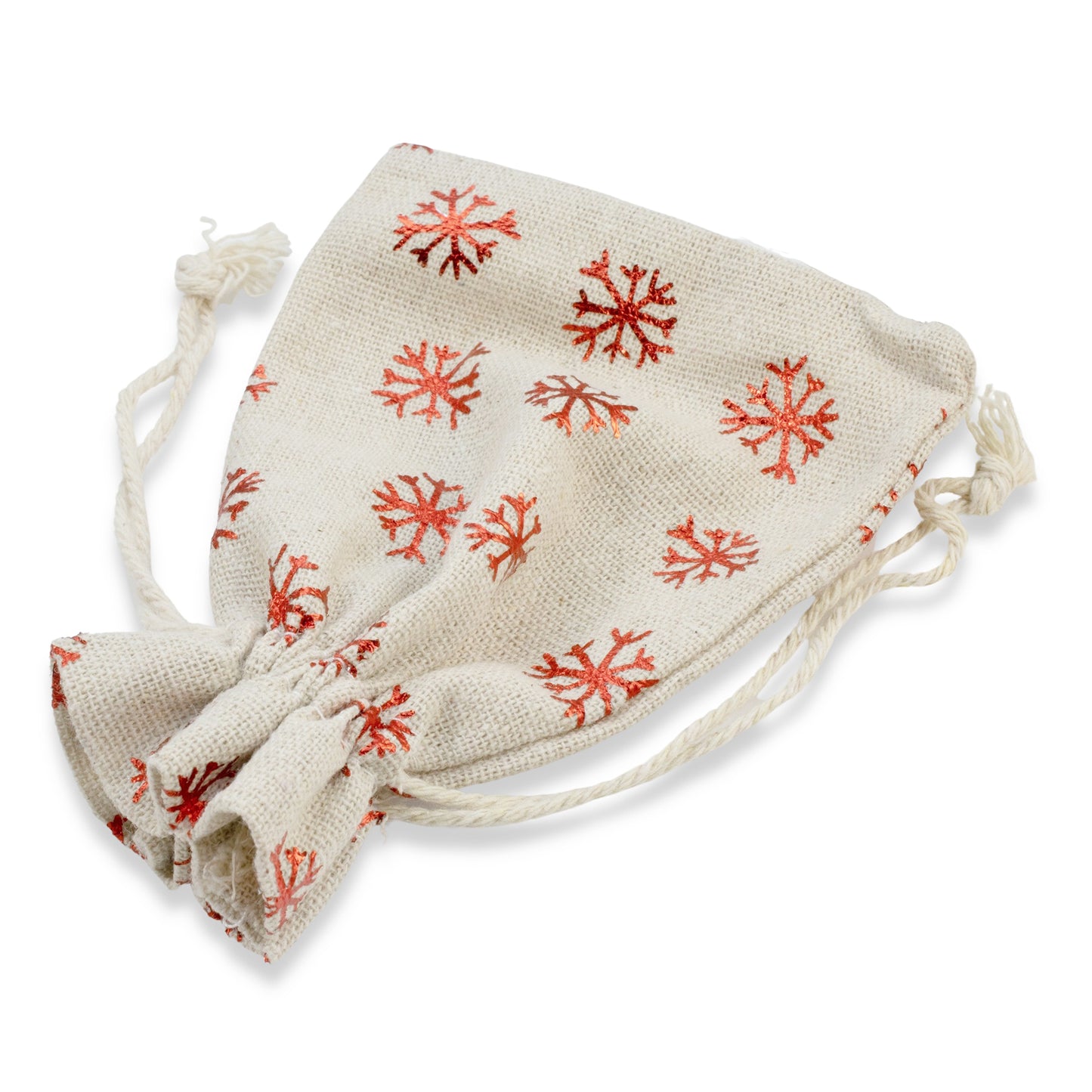 10 Tan and Red Metallic Snowflake Drawstring Bags for Christmas, Cloth Pouches