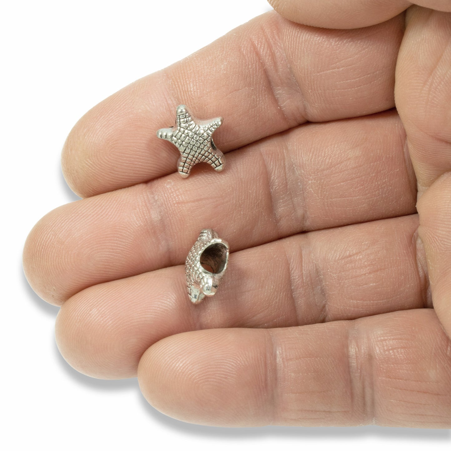 20 Silver Starfish Beads - Large Hole Metal Sea Star - DIY Beach Themed Supplies