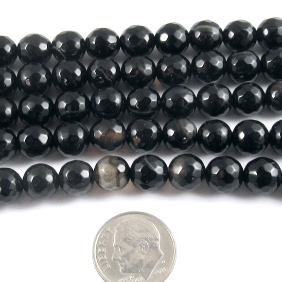 Faceted Black Agate Beads, 8mm Round Gemstone,  48 Pieces/Strand