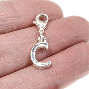 Letter "C" Clip On Charm, Silver Initial Alphabet Dangle with Lobster Clasp