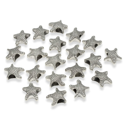 20 Silver Starfish Beads - Large Hole Metal Sea Star - DIY Beach Themed Supplies