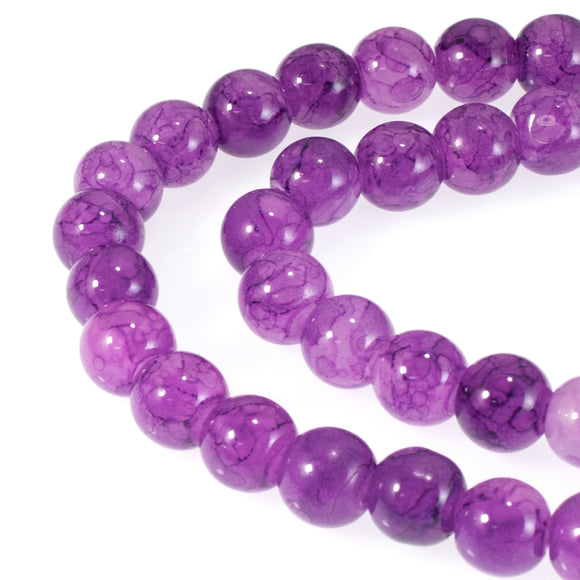 8mm Bright Purple Dragon Vein Glass Beads, Round Beads + Veining 50/Pkg