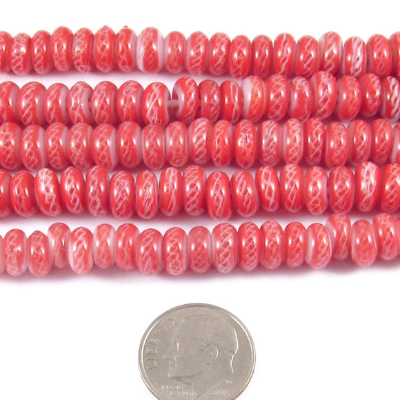 Red and White Rondelle Zig Zag Glass Beads, Christmas Lampwork (110 Pieces)