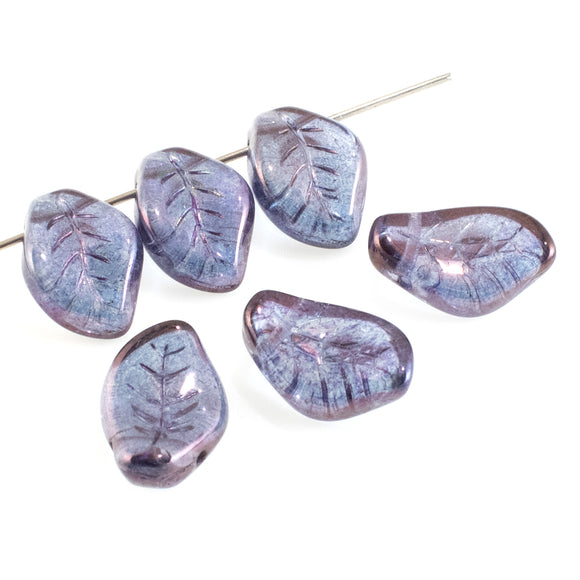 25 Lumi Amethyst Blue Leaf Beads, Czech Glass Curved Leaves for DIY Jewelry
