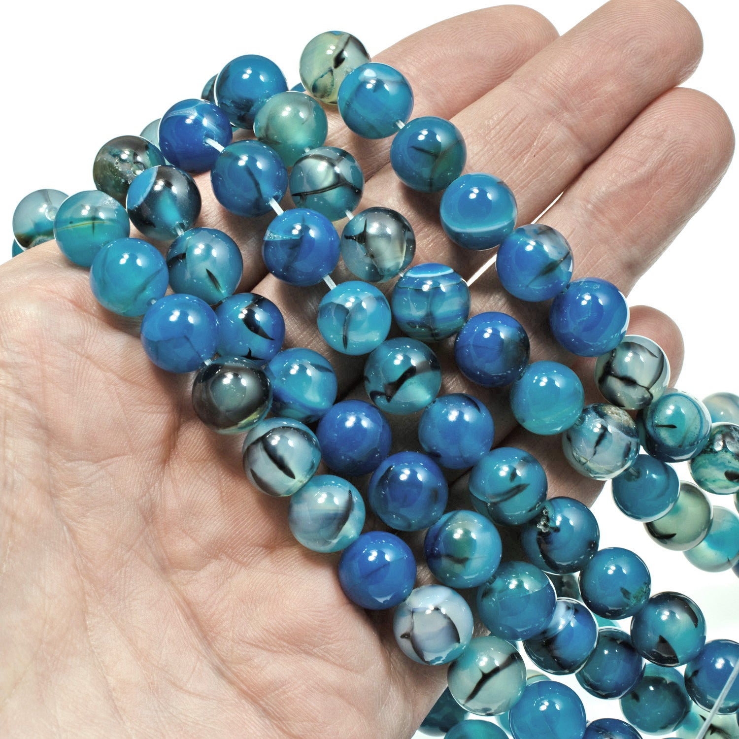 10mm Dragon Vein Agate Beads in Oceanic Aqua Blue | Hackberry Creek