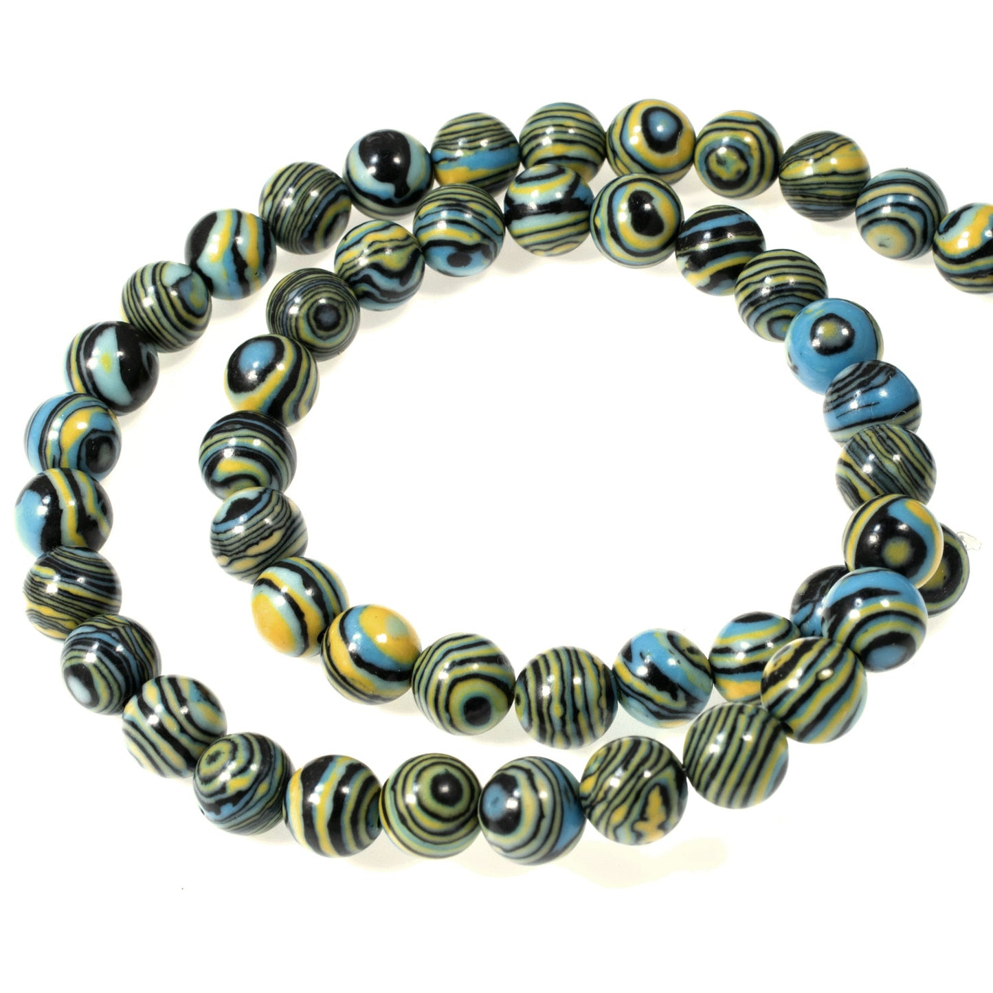 Striped Malachite Beads - 8mm Turquoise, Black, Yellow - Composite Stone Strand