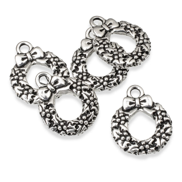 5 Silver Christmas Wreath Charms, TierraCast Holiday Charms