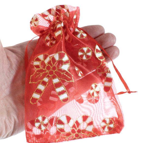 10 Red Candy Cane Christmas Bags, Organza Holiday Gift Treat Bag