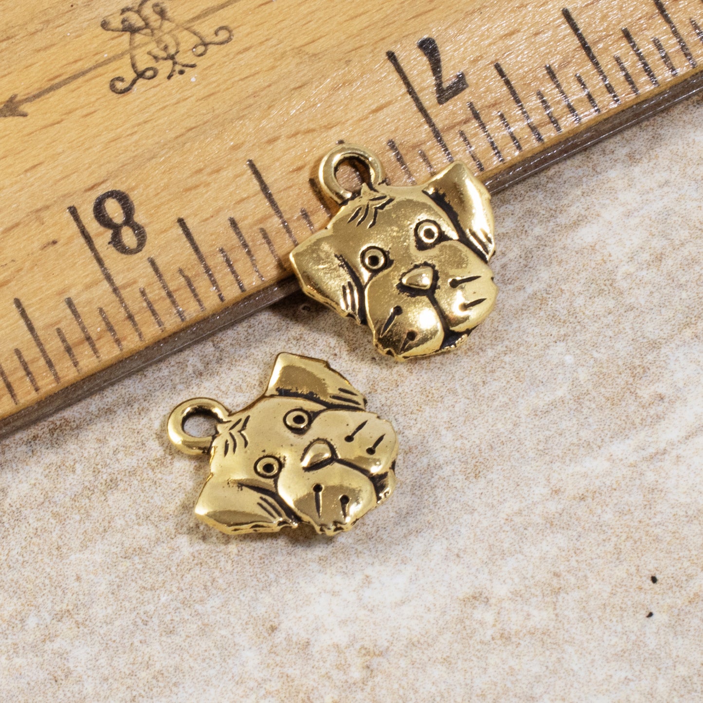 2 Gold Dog Charms - TierraCast Spot Charm - Puppy Face - DIY Jewelry & Crafts